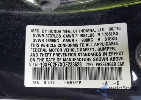 2016 Honda Civic Ex from USA, damaged, VIN 19XFC2F7XGE233628